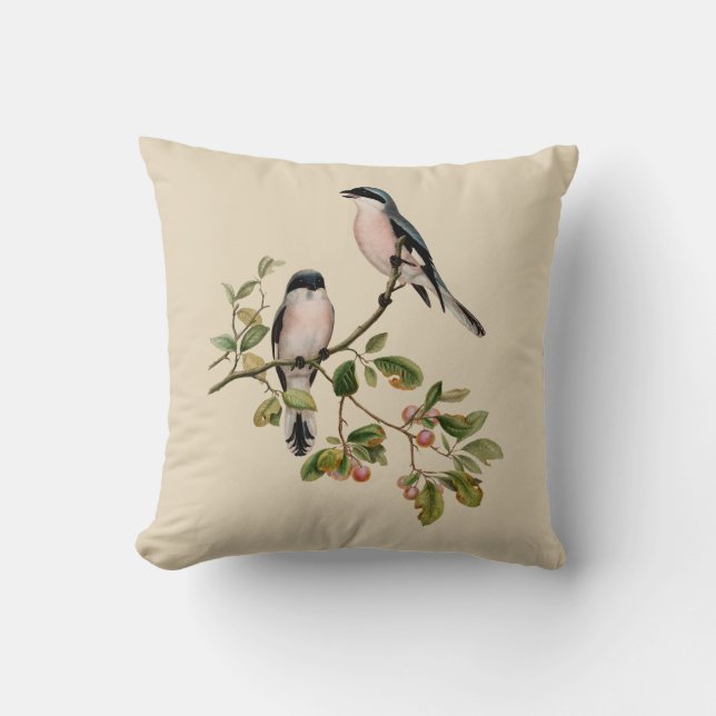 Vintage Pretty Birds op Beige Kussen (Voorkant)