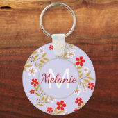 Vintage Pretty Red Flowers Pattern Personalised Sleutelhanger (Voorkant)