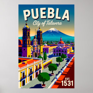 Vintage Puebla Mexico Stad van Talavera Retro Poster