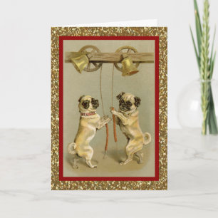 vintage pugs die nieuwe jaar bellen luiden feestdagen kaart
