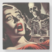 Vintage Pulp Horror Vrouw Stenen Onderzetter (Voorkant)