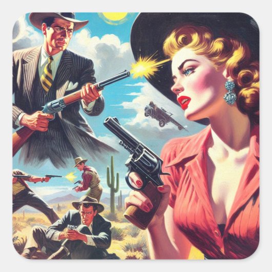 Vintage Pulp Western Illustration Vierkante Sticker (Voorkant)