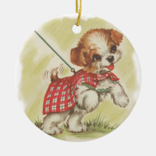 Vintage puppy op leiband keramisch ornament