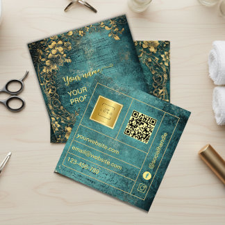 Vintage Qr Code Emerald Green Gold and Black  Vierkante Visitekaartje