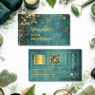 Vintage Qr Code Emerald Green Gold and Black  Visitekaartje