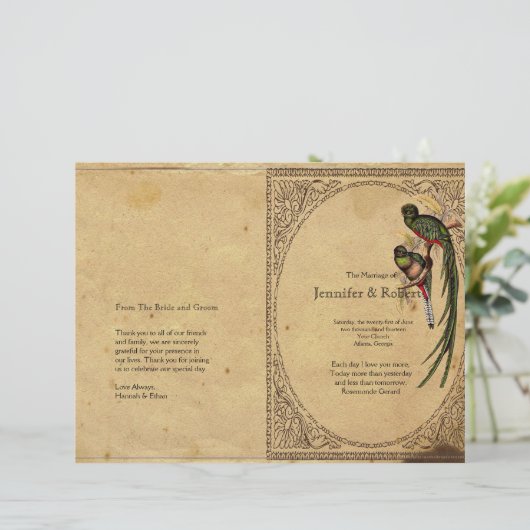 Vintage Quetzal Bird Elegant Wedding Programme (Staand voorkant)