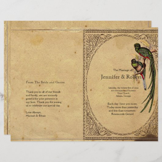 Vintage Quetzal Bird Elegant Wedding Programme (Voorkant / Achterkant)