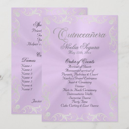 Vintage Quinceanera Program - Lavender/Silver Programmakaart (Voorkant / Achterkant)