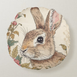 Vintage Rabbit, Cute Bunny Rabbit, Flowers Pattern Rond Kussen