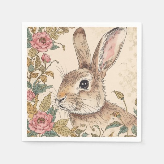 Vintage Rabbit, Cute Bunny Rabbit, Flowers Pattern Servet (Voorkant)