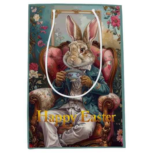 Vintage rabbit Drinking Tea Happy Easter Medium Cadeauzakje (Voorkant)