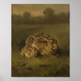 Vintage Rabbit Meadow II Schilderij Poster