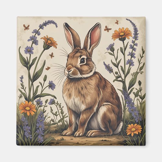 Vintage Rabbit with Wildflowers Magneet (Voorkant)