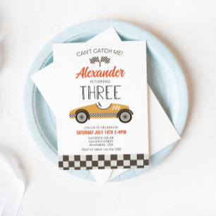 Vintage Race Car Yellow Third Birthday Uitnodiging