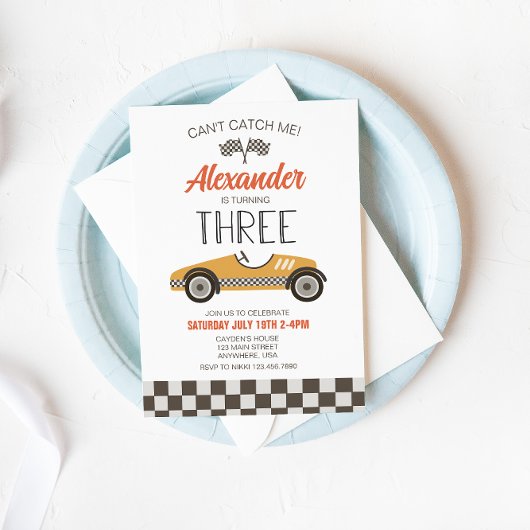 Vintage Race Car Yellow Third Birthday Uitnodiging
