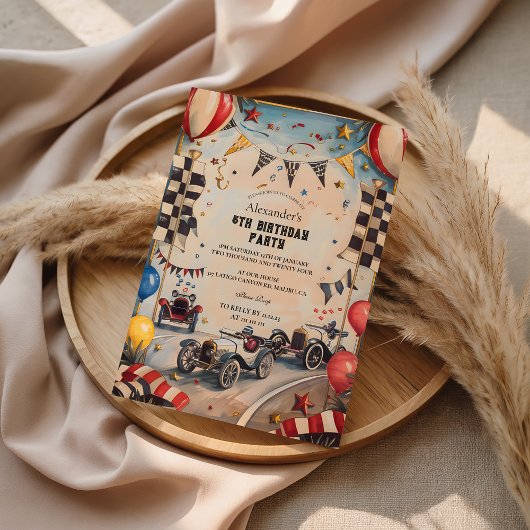 Vintage Racing Boys Birthday Party Kaart