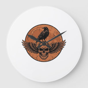 Vintage Raven Gevleugelde Schedel Oranje Maan Vect Grote Klok