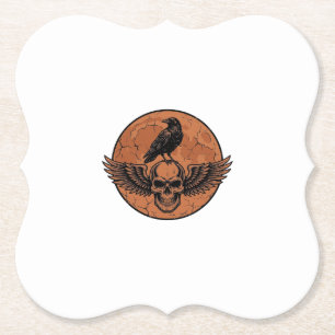 Vintage Raven Gevleugelde Schedel Oranje Maan Vect Kartonnen Onderzetters