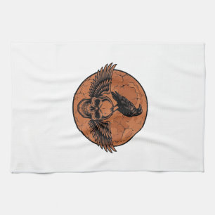 Vintage Raven Gevleugelde Schedel Oranje Maan Vect Theedoek