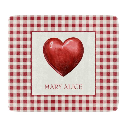 Vintage Red and Cream Gingham With Heart Snijplank (Voorkant)