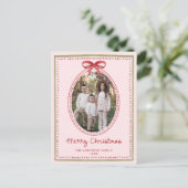 Vintage Red Bow Blush Pink Christmas Photo Feestdagenkaart (Staand voorkant)