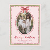 Vintage Red Bow Blush Pink Christmas Photo Feestdagenkaart (Voorkant)