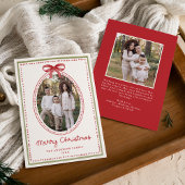 Vintage Red Bow Cream Christmas 2 Photo Feestdagenkaart