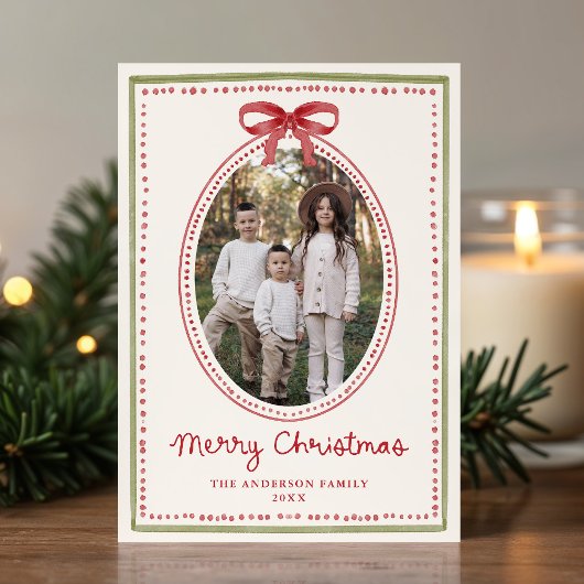 Vintage Red Bow Cream Christmas 2 Photo Feestdagenkaart