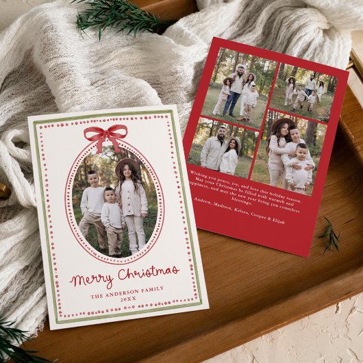 Vintage Red Bow Cream Christmas 5 Photo Feestdagenkaart