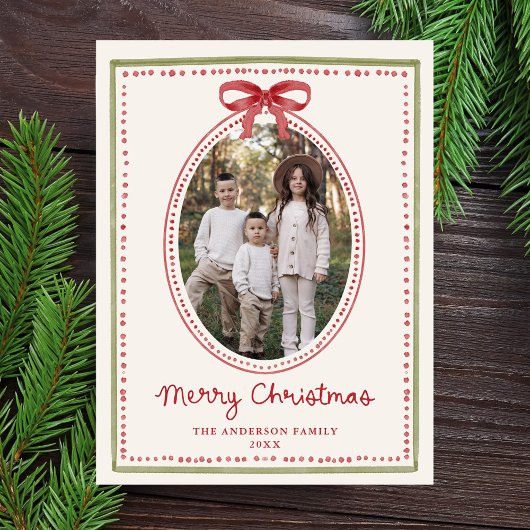 Vintage Red Bow Cream Christmas Photo Feestdagenkaart