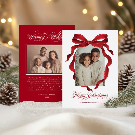 Vintage Red Bow Custom Photo Christmas Holiday Feestdagenkaart