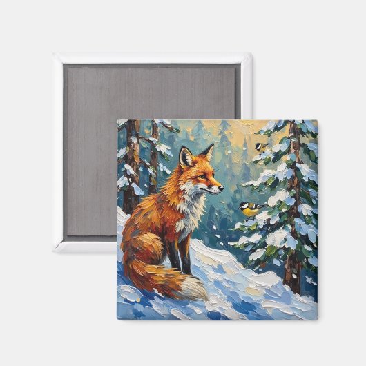 Vintage Red Fox and Chickadees Christmas Painting Magneet (Voorkant / Achterkant)