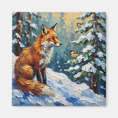 Vintage Red Fox and Chickadees Christmas Painting Magneet (Voorkant)