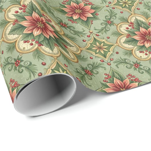 Vintage Red Poinsettia Tile Pattern Cadeaupapier (Rol Hoek)