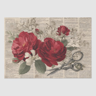 Vintage Red Rose & Scissors Botanical Collage Tissuepapier