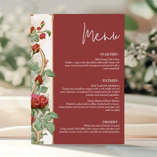 Vintage Red Rose Wedding Reception Dinner Card Menu