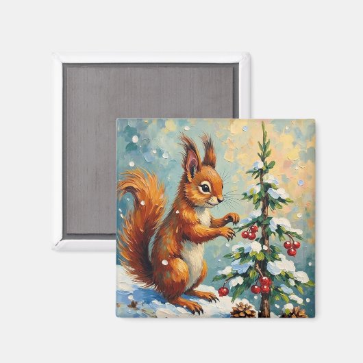 Vintage Red Squirrel Pine Tree Christmas Magneet (Voorkant / Achterkant)