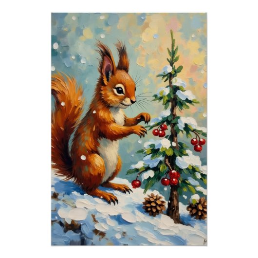 Vintage Red Squirrel Pine Tree Christmas Perfect Poster (Voorkant)
