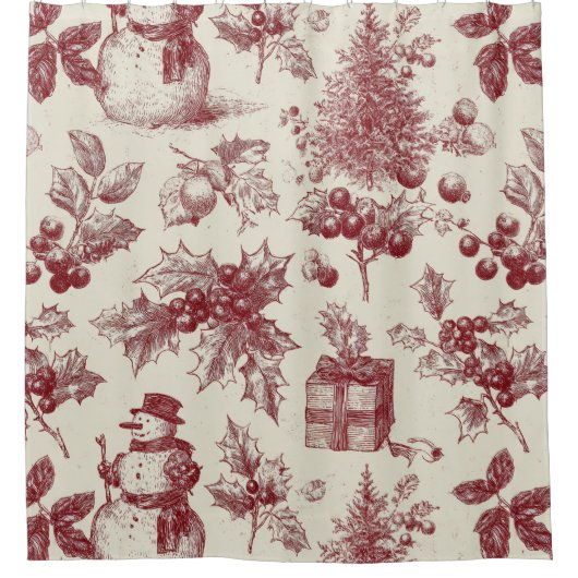 Vintage Red Toile Christmas Botanical - Holly Douchegordijn (Voorkant)