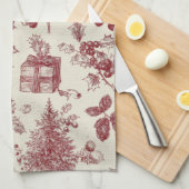 Vintage Red Toile Christmas Botanical - Holly Theedoek (Quarter Fold)