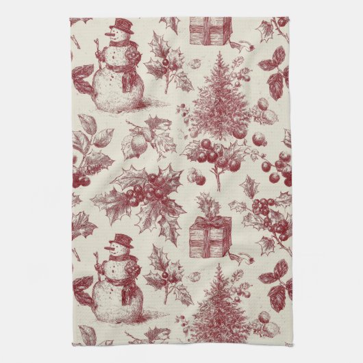 Vintage Red Toile Christmas Botanical - Holly Theedoek (Verticaal)