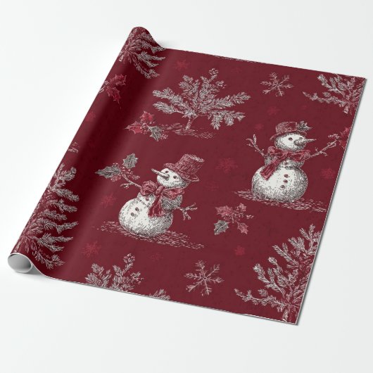 Vintage Red Toile Christmas Botanical - Snowman Cadeaupapier (Uitgerold)