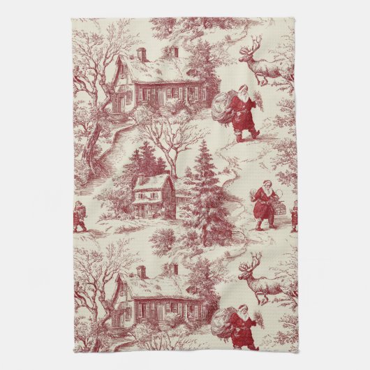 Vintage Red Toile Christmas Village - Santa Theedoek (Verticaal)