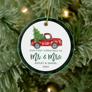 Vintage Red Truck Green van de Waterverf van het M Keramisch Ornament