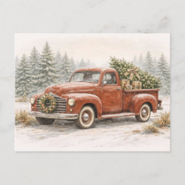 Vintage Red Watercolor Christmas Truck with Tree Feestdagenkaart