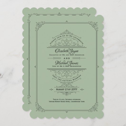 Vintage Regency Sage Green Wedding Kaart (Voorkant / Achterkant)