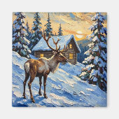 Vintage Reindeer by Snowy Cabin Christmas Painting Magneet (Voorkant)