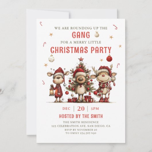 Vintage Reindeer Christmas Party Invitation Kaart (Voorkant)