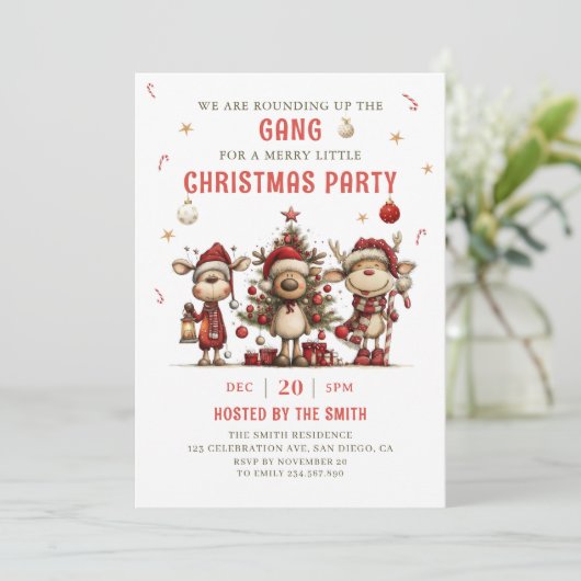 Vintage Reindeer Christmas Party Invitation Kaart (Staand voorkant)