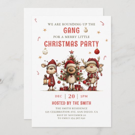 Vintage Reindeer Christmas Party Invitation Kaart (Voorkant / Achterkant)